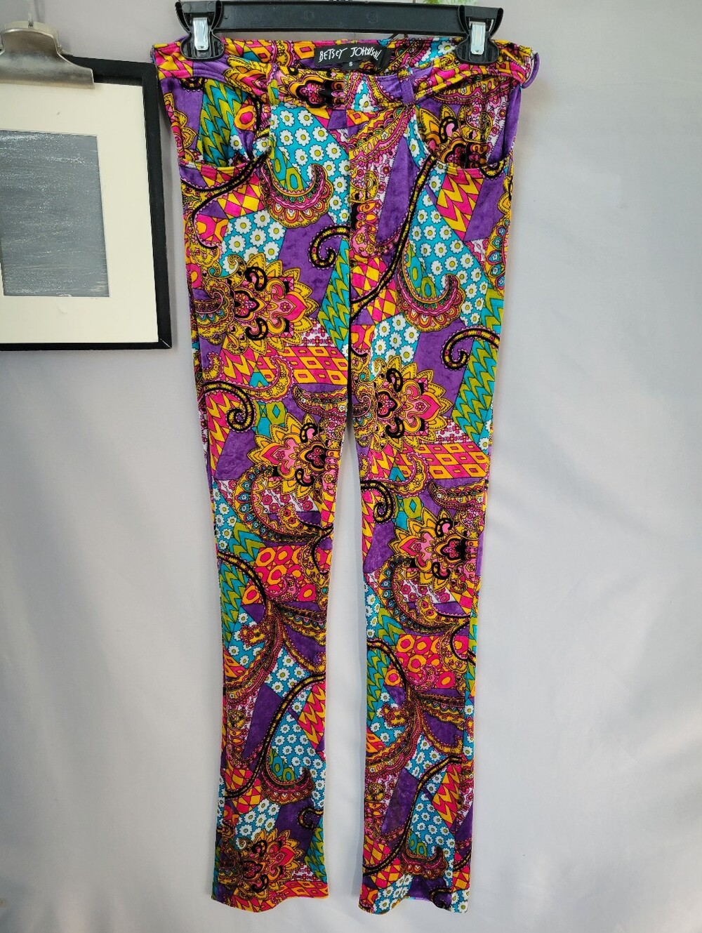 Betsey Johnson Vintage Velvet Patchwork Paisley Floral Print Kick Flare Pants S